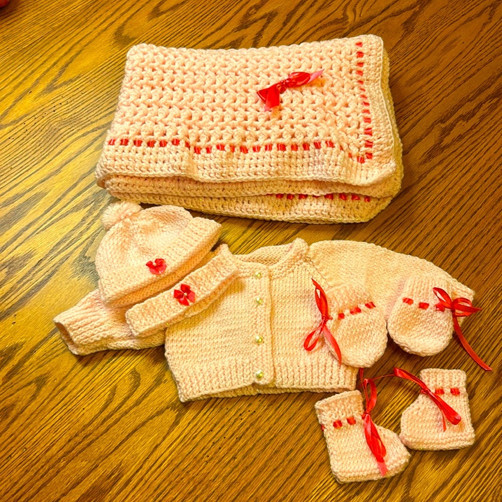 Handmade Pink Baby Blanket, Sweater, Hat, Headband, Booties & Mittens Size 0-6